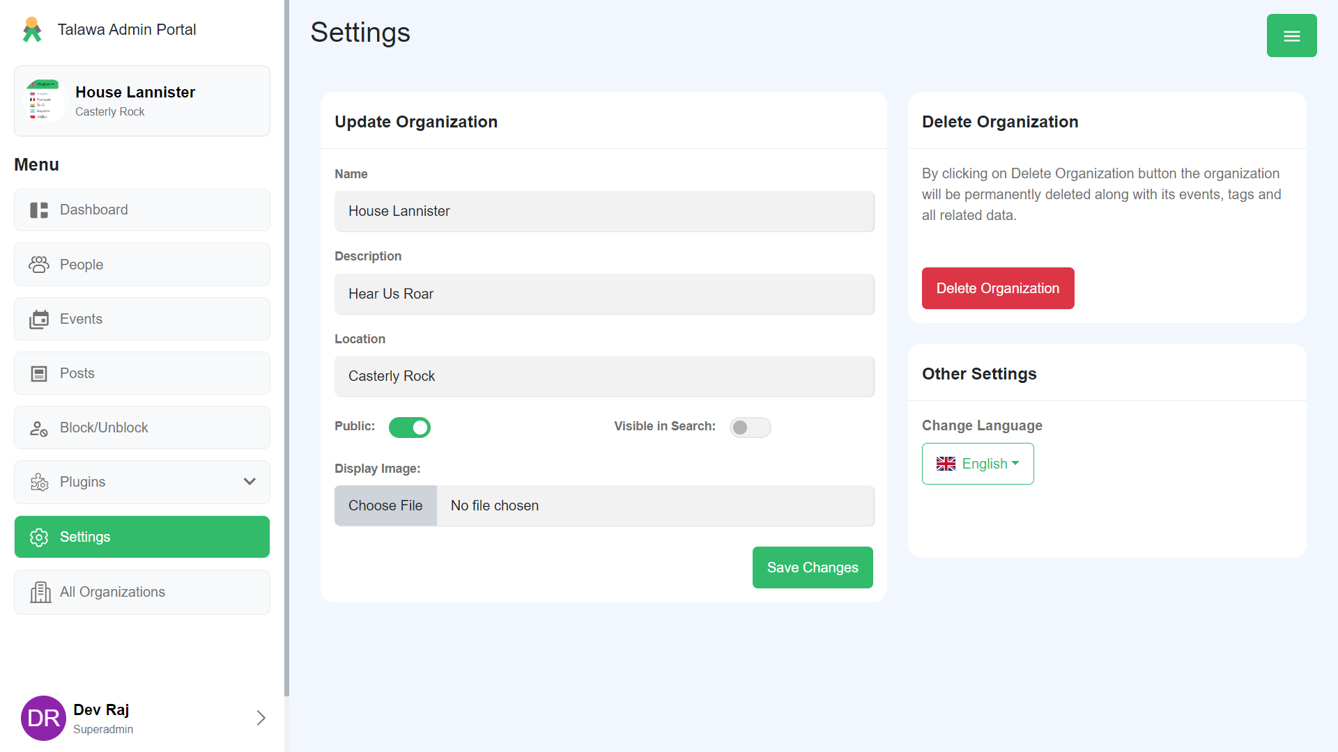 Delete Organization Modal (Message and colors changed)