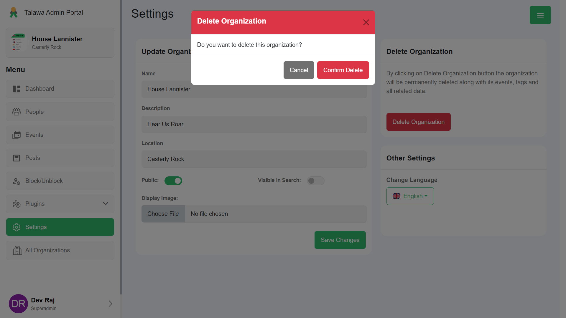 Delete Organization Modal (Message and colors changed)