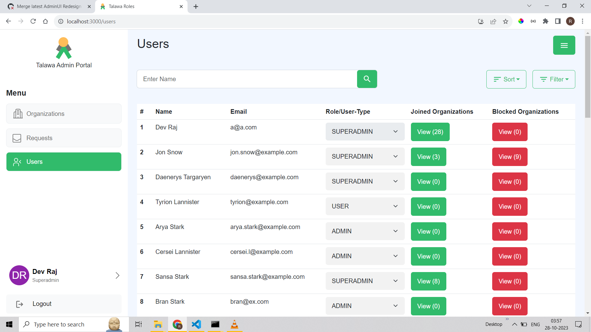 Users screen (Added Joined Orgs and Orgs Blocked By Modal, with Change Role Within Organization and Remove User from Organization Feature)