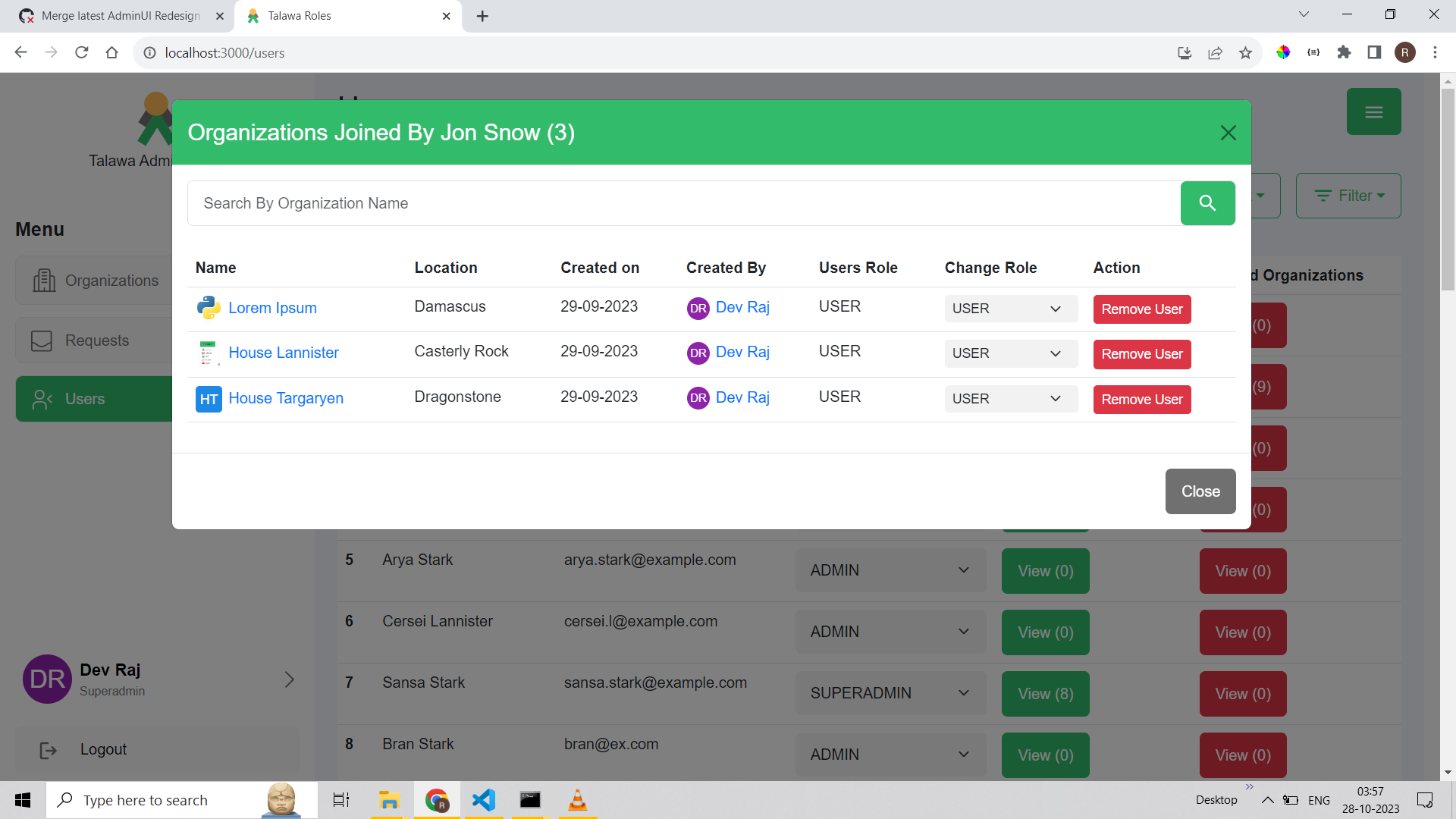 Users screen (Added Joined Orgs and Orgs Blocked By Modal, with Change Role Within Organization and Remove User from Organization Feature)