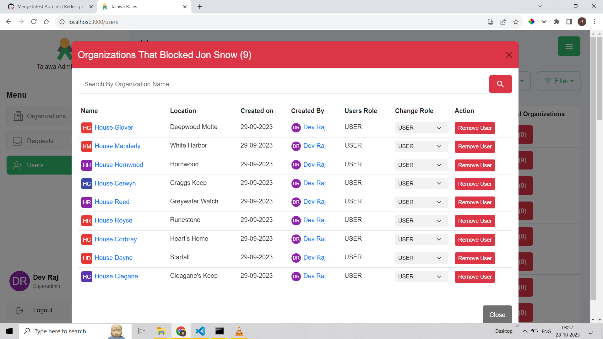 Users screen (Added Joined Orgs and Orgs Blocked By Modal, with Change Role Within Organization and Remove User from Organization Feature)