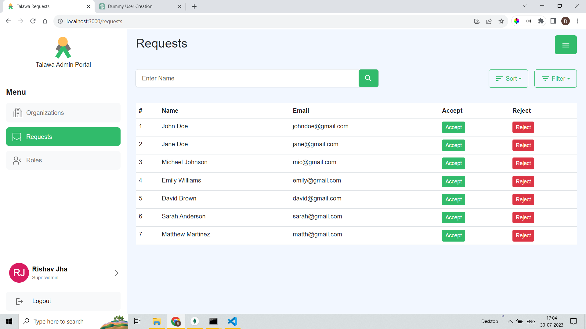 Organizations, Requests and Roles screen for Superadmin with data