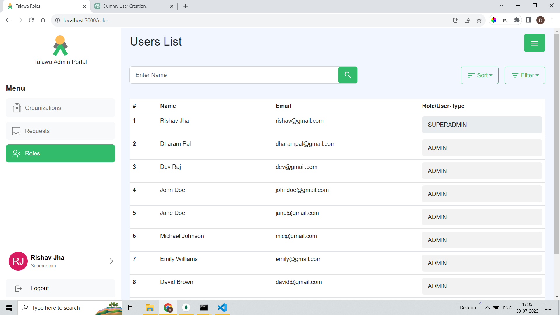 Organizations, Requests and Roles screen for Superadmin with data