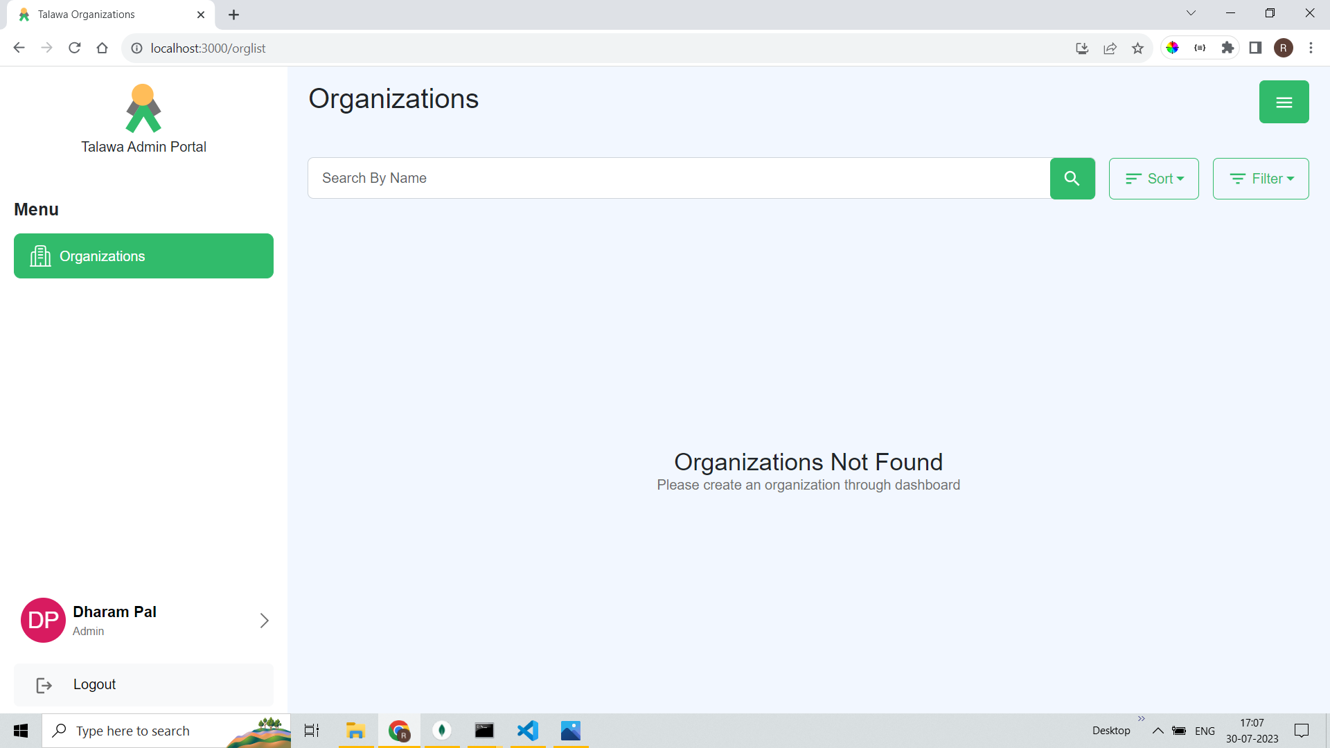 Organizations screen for Admin when user is not an Admin for any organization