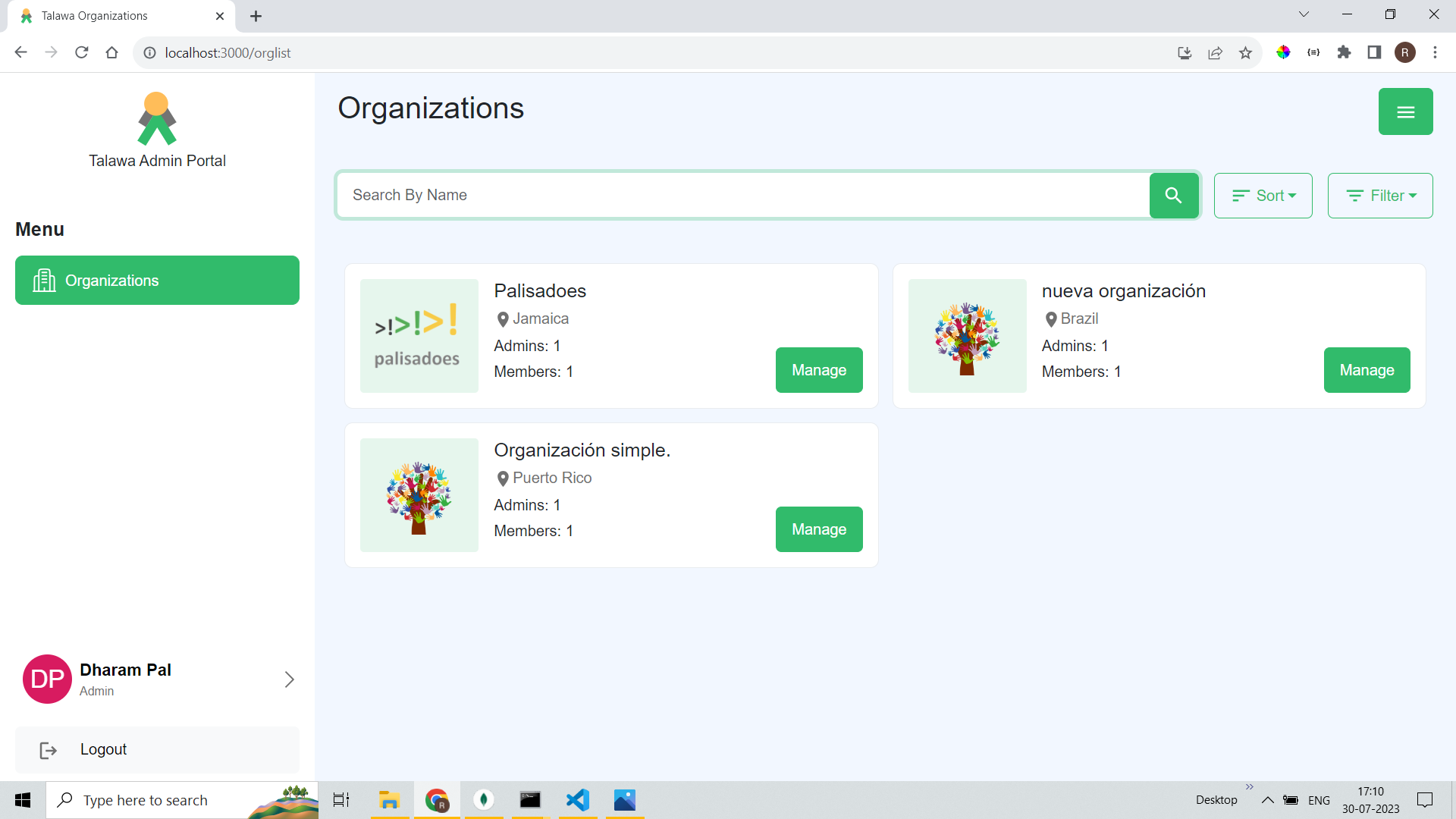 Organizations screen for Admin when he is Admin for some organizations