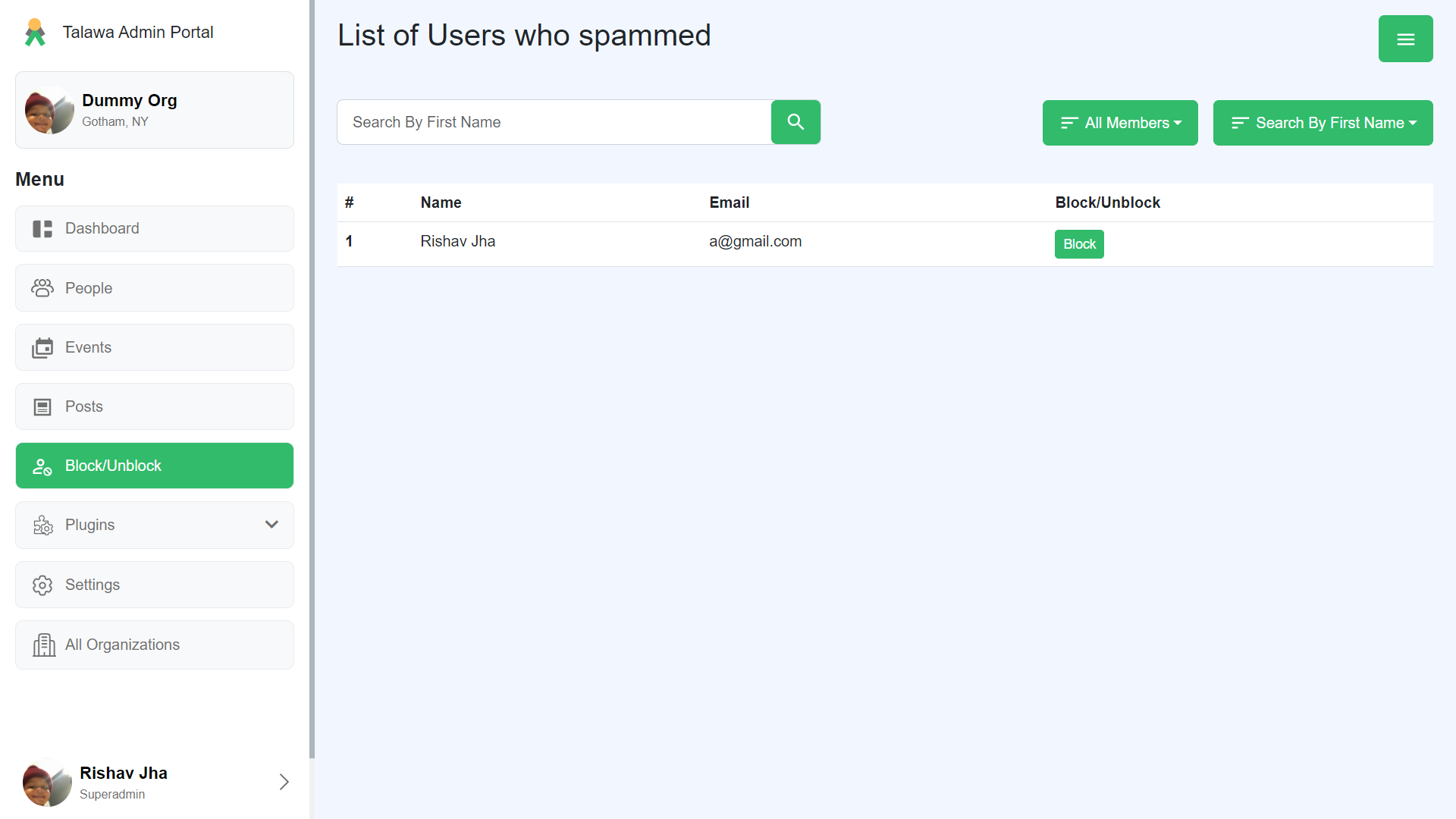 Organization Block/Unblock User